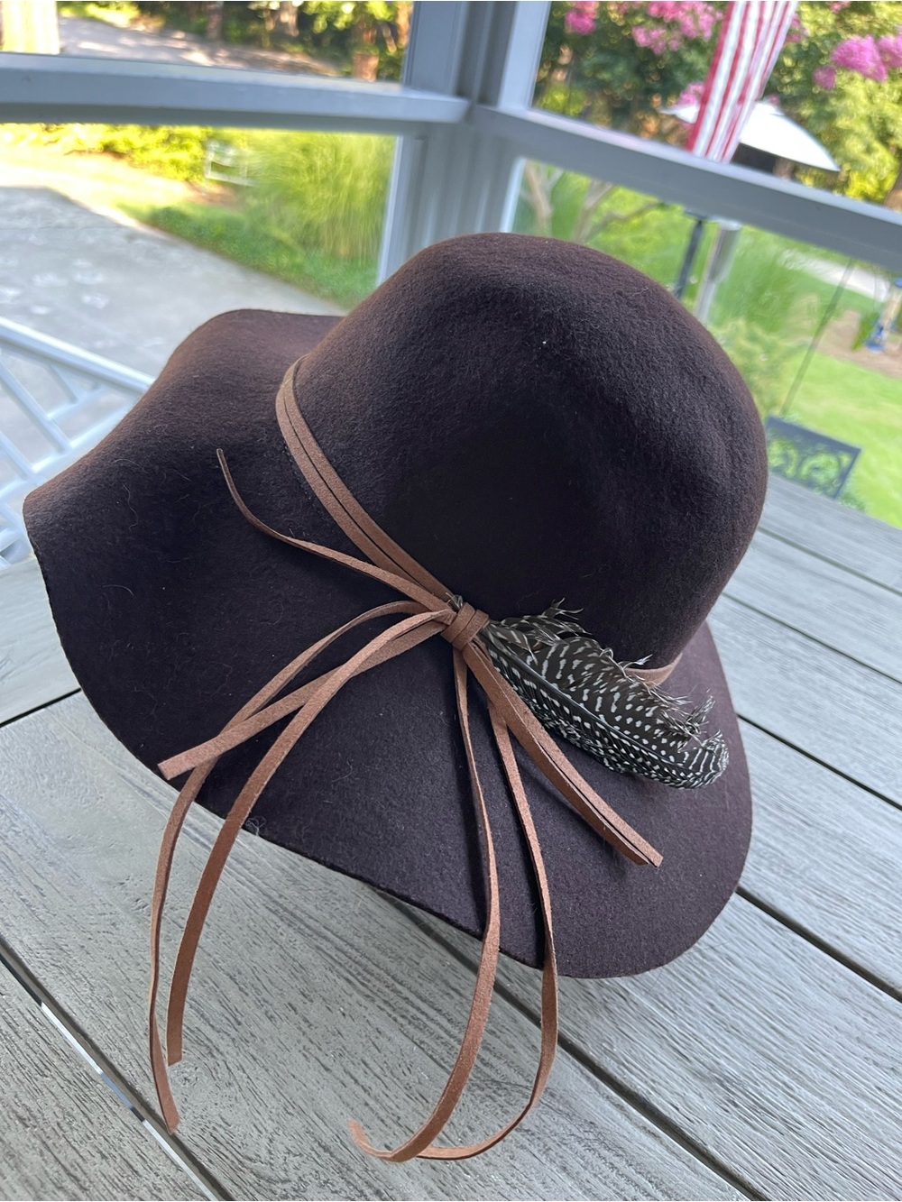 Brown Wool Felt Wide-Brim Hat with Feather Accent